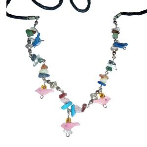 Vintage Boho Gemstone‎ Chip Bird Charm Cord Necklace Multicolor 18 Inch